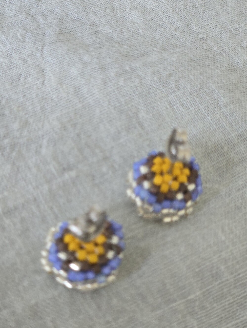 New Handmade Yellow & Purple Beaded Flower Stud Earrings - Picture 3 of 5